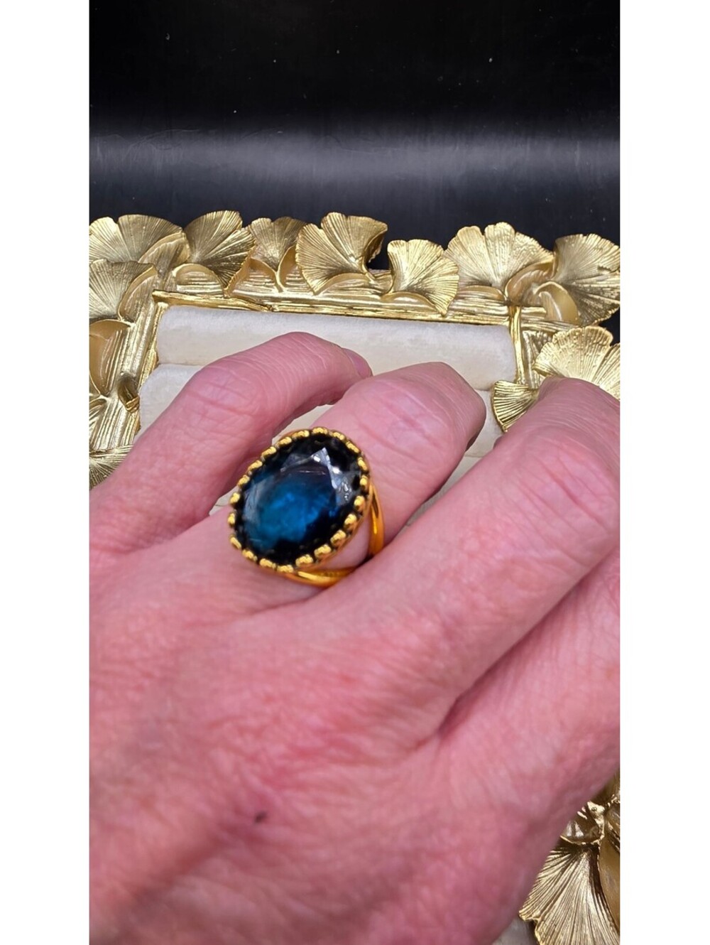 Vintage Style Blue Synthetic Zirconia Ring with KC Golden Plating